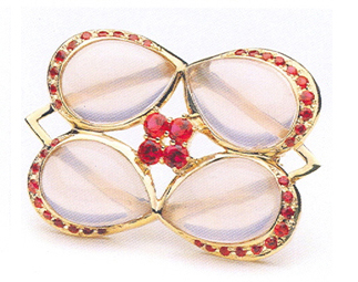 Brooch, 18kt. gold, rose quartz, synthetic ruby, 4.3/3cm 첨부 이미지