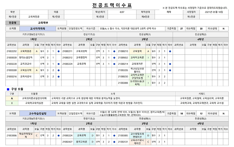 전공트랙이수표 조회화면